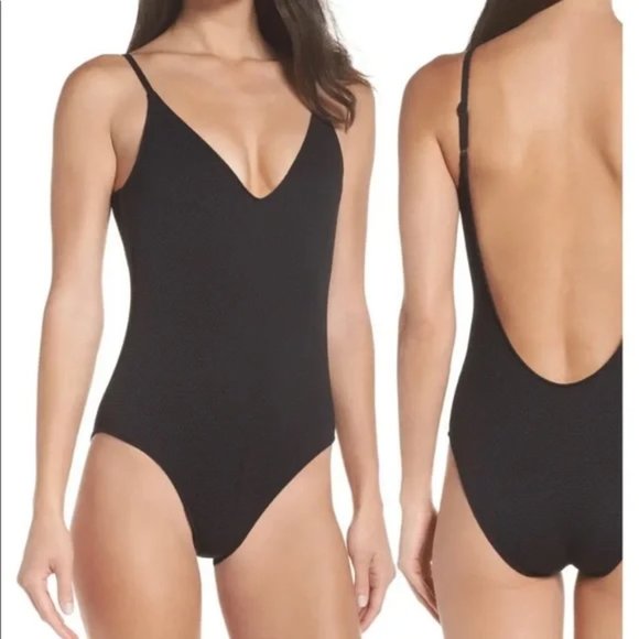 LEITH Black Textured One Piece Swimsuit V Neck Plunge Back Womens Medium - Picture 2 of 13